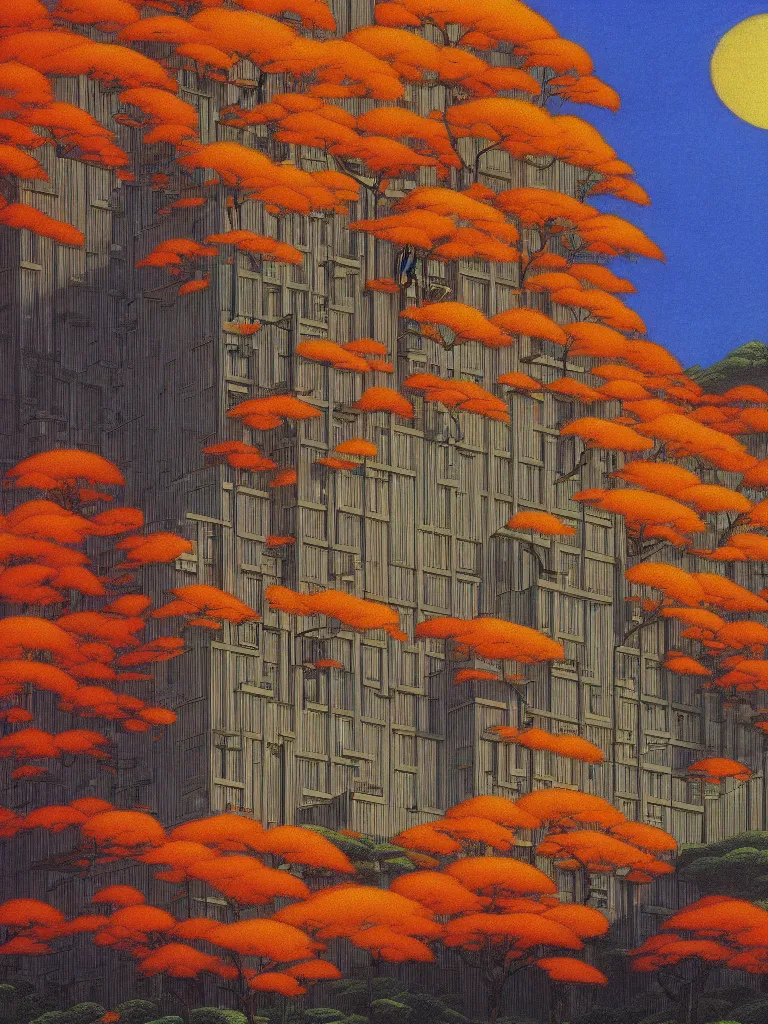 Prompt: a psychedelic hallucination of a brutalist hotel in the autumn mountains, by kawase hasui, moebius, edward hopper, colorful flat surreal design, dramatic lighting, hd, 8 k, artstation