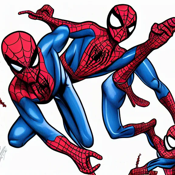 Image similar to two spiderman poiting at each other, cartoon, high resolution, surprise, drawing