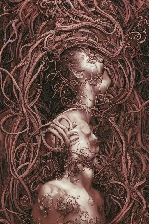 Prompt: centered beautiful detailed side view profile portrait of a insane, crazed, mad elderly woman, ornate tentacles growing around, ornamentation, thorns, vines, tentacles, elegant, beautifully soft lit, full frame, by wayne barlowe, peter mohrbacher, kelly mckernan, h r giger