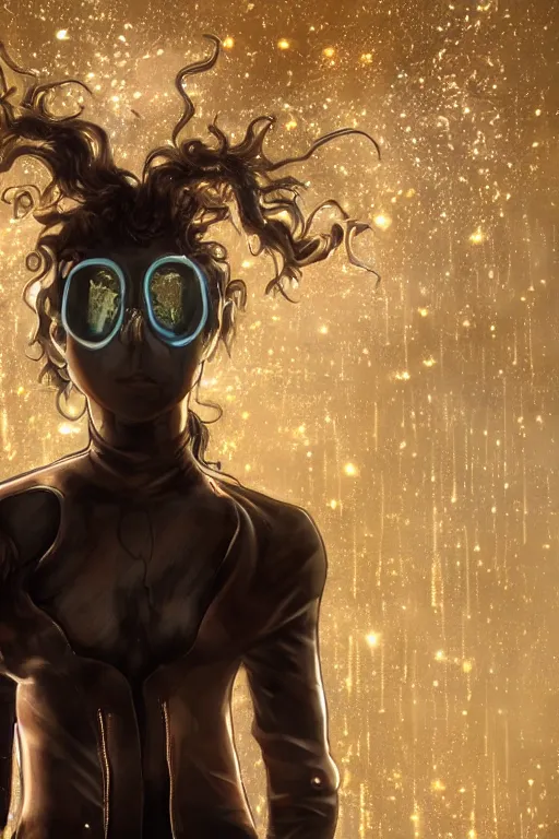 Prompt: A curly-haired girl in brown hair rushes into a black leather suit against the background of golden sparks, Anime, cyberpunk, gothic, dark fantasy, art, 4k,