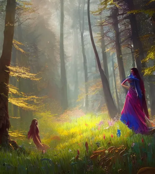 Image similar to highly detailed portrait of women wearing rainbow gown in middle of colorful forest in gta v, stephen bliss, unreal engine, fantasy art by greg rutkowski, loish, rhads, ferdinand knab, makoto shinkai and lois van baarle, ilya kuvshinov, rossdraws, tom bagshaw, global illumination, radiant light, detailed and intricate environment