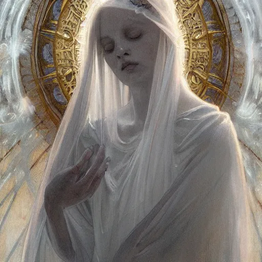 Image similar to portrait of a beautiful ethereal delicate roman catholic bishopress meditative sacral pose catholic stages of the cross, white hair, intricate, elegant, highly detailed, digital painting, artstation, concept art, smooth, sharp focus, illustration, art by krenz cushart and artem demura and alphonse mucha