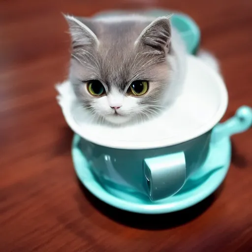 Image similar to very very very very very very very cute chibi adorable beautiful munchkin cat in a cup, professional foot photography