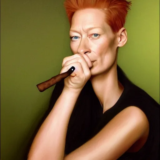 Image similar to caricature portrait of a beautiful 20 year old Tilda Swinton smoking a cigar by Mario Testino, headshot, detailed, award winning, oil painting