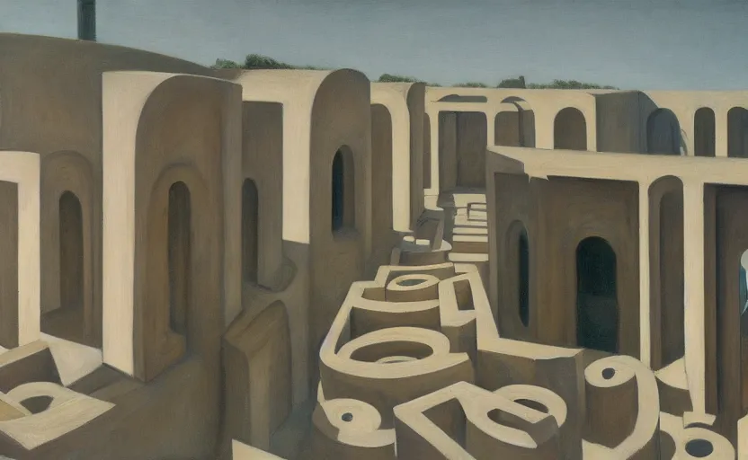 Image similar to first person view of a stark concrete maze, people peering into portholes, grant wood, pj crook, edward hopper, oil on canvas