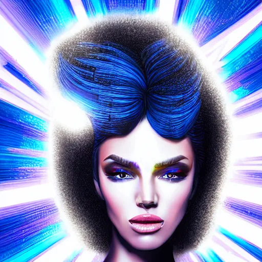 Prompt: electric woman, cute - fine - face, pretty face, oil slick hair, realistic shaded perfect face, extremely fine details, realistic shaded lighting, dynamic background, by arthur adams
