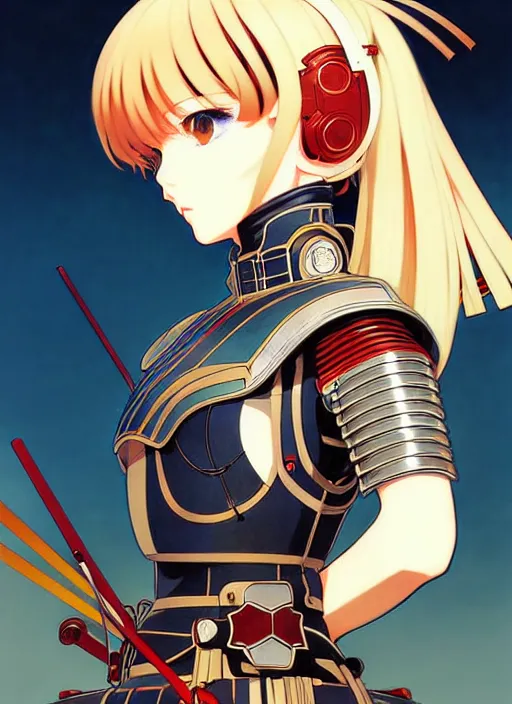 Prompt: ilya kuvshinov anime illustration knight girl in armor, last exile, murata range, fine detail, perfect anime face, dramatic lighting, dynamic composition, art deco, cel shading, vivid, rich texture, yoshinari yoh, alphonse mucha, ( ( ( colorful ) ) ), gustav klimt