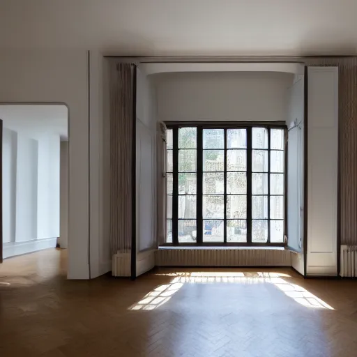 Prompt: hd photo of a vast room in a flat, designed by henri matisse, daylight, whitespace, excellent lighting, high detail 8 km photorealism