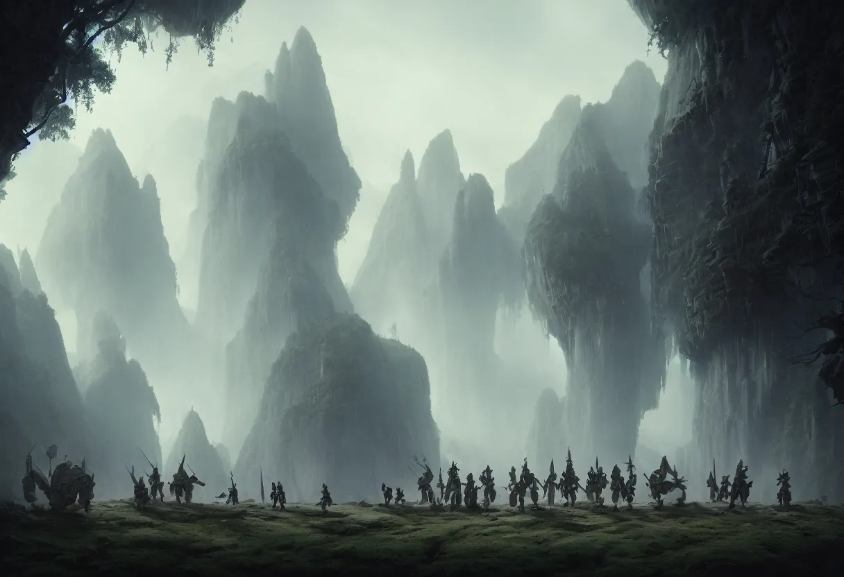 Image similar to beautiful render of a fairytale, small group of mercenaries, ultra high definition, ultra detailed, symmetry, fog, matte painting, by greg rutkowski and ross tran and wlop