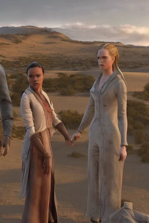 Image similar to Tessa Thompson and Evan Rachel Wood star in HBO's Westworld, 3d render, Pixar