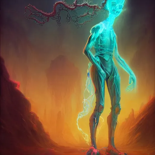 Image similar to medium shot of a weird Lovecraftian ghostly transparent yellow lightning elemental humanoid with red and blue goggles, cyberpunk concept art by pete mohrbacher and seb mckinnon and beksinski and josan gonzales, digital art, highly detailed, intricate, sci-fi, sharp focus, Trending on Artstation HQ, deviantart, unreal engine 5, 4K UHD image