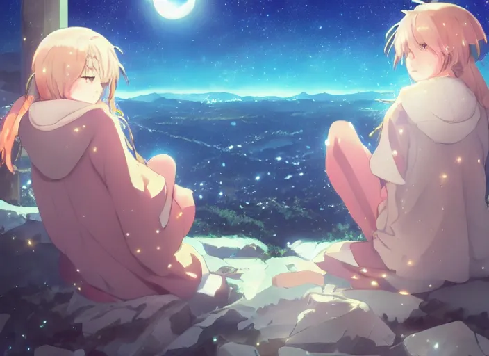 Image similar to watching the stars at night, on a mountain, by wlop, anime key visual, poster