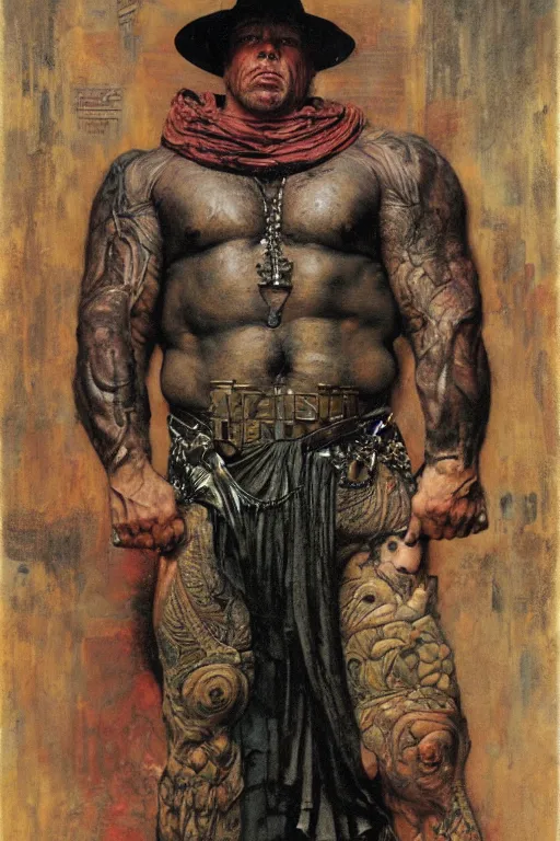 Image similar to full length portrait of morgan aste as an eight foot tall gangster by lawrence alma tadema and zdzislaw beksinski and norman rockwell and jack kirby and tom lovell and greg staples