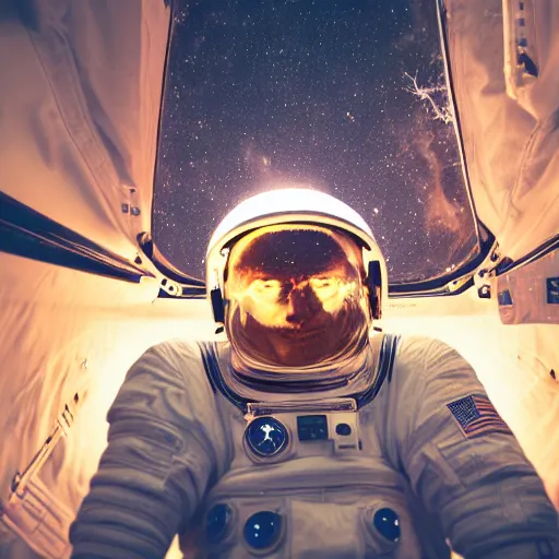 Image similar to photograph of an astronaut against the pitch black darkness of space, full body photo, lit from below, amazing light and shadow contrast,, 8 k