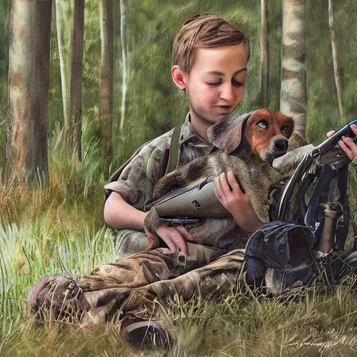 Prompt: a boy dreaming in bed, surrounded by a forest, with his trusty hunting dog and rifle, digital painting, photo - realism, sharp focus