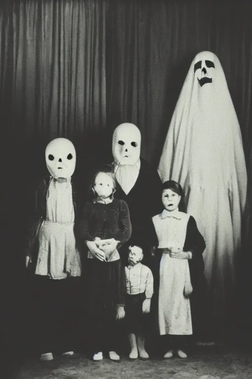 Image similar to an unsettling old family photograph, anxious people standing in a large haunted house, phantom ghosts in the background, cinematic, horror, photorealistic, vintage,