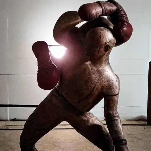 Image similar to a beautiful sculpture of a man made with old textile and boxing gloves, epic lighting, cinematic composition, hyperrealistic, 8 k