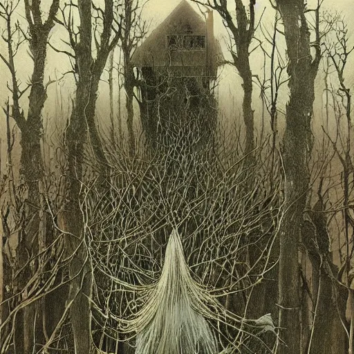 Prompt: ! dream creepy old witch house, ghosts in a dark forest, high detailed beksinski painting, by adrian ghenie and gerhard richter. art by takato yamamoto. masterpiece, deep colours.