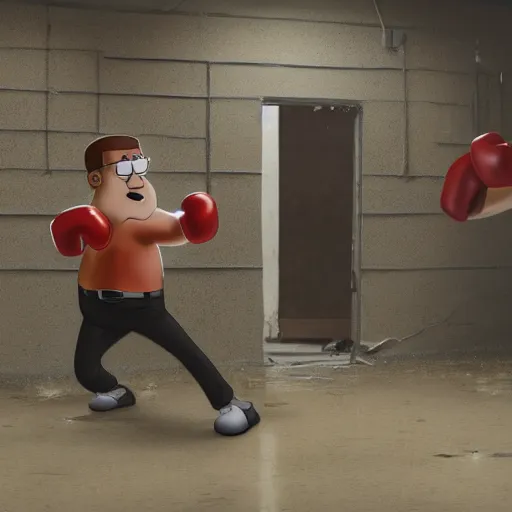Prompt: peter griffin, brad pitt, in a basement with concrete floor boxing with each other, light ray from a blurry window, floating dust, motion blur, gloomy, stippled walls, cinematic shot, in john salt style, realistic, 4 k, perfectly defined features