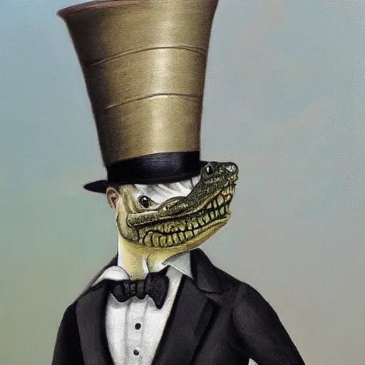 Image similar to “a crocodile wearing a top hat and monocle, dapper, highly detailed, oil on canvas”