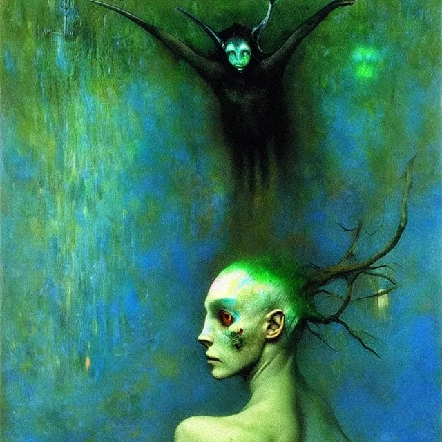 Prompt: hyperpop iridescent opal cyborg horned spirit forest spirit verdant pelagic flowing blue green sea, award winning oil painting by santiago caruso and odilon redon