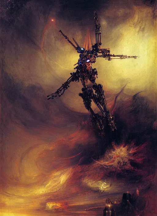 Prompt: evangelion mech. by rembrandt, 1 6 6 7, joseph mallord william turner, leds, beeple, fractal flame, luis royo, intricately, futuristic, robot, cyborg, jellyfish