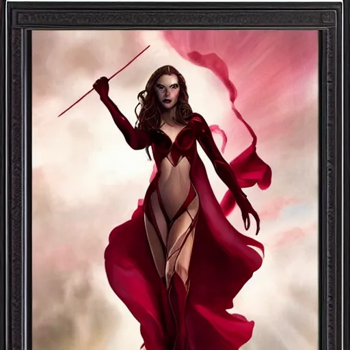 Image similar to the scarlet witch from marvel comics, artstation hall of fame gallery, editors choice, #1 digital painting of all time, most beautiful image ever created, emotionally evocative, greatest art ever made, lifetime achievement magnum opus masterpiece, the most amazing breathtaking image with the deepest message ever painted, a thing of beauty beyond imagination or words