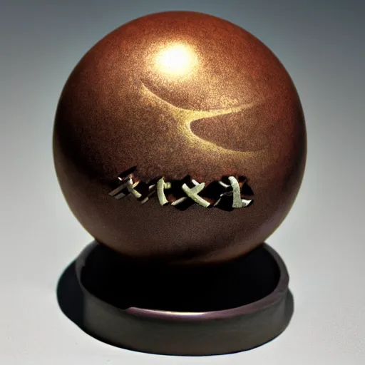 Image similar to precursor orb. minimalist art. jack and daxter game. bronze. runes.