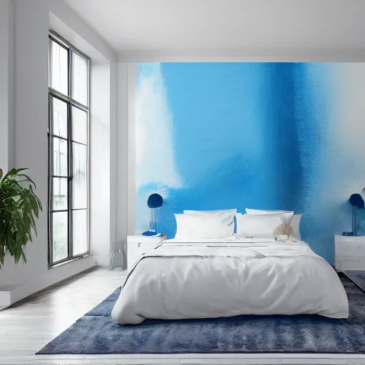 Image similar to interior of a minimal bedroom, abstract painting wallpaper patterns, blue, white, 4 k, photorealist