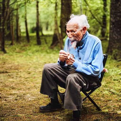 Prompt: an elderly man eating a giant bug, canon eos r 3, f / 1. 4, iso 2 0 0, 1 / 1 6 0 s, 8 k, raw, unedited, symmetrical balance, in - frame