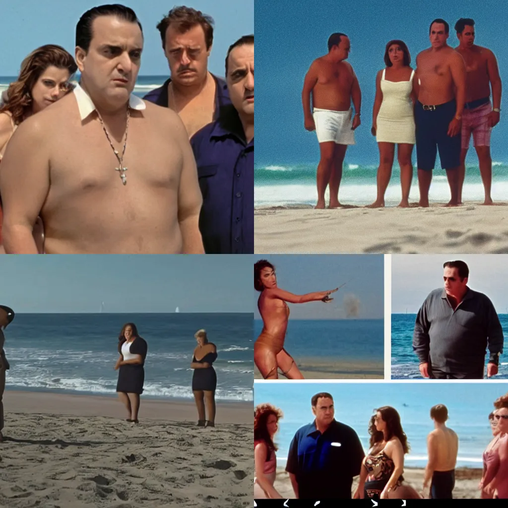 Prompt: screenshot of the sopranos, beach episode