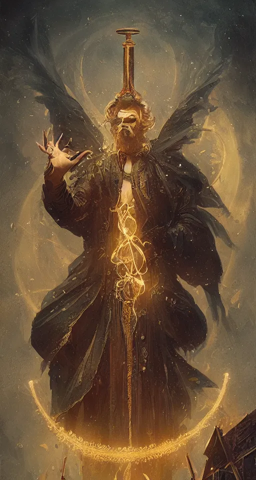 Prompt: Ornate tarot card of the magician, matte painting by Greg Rutkowski