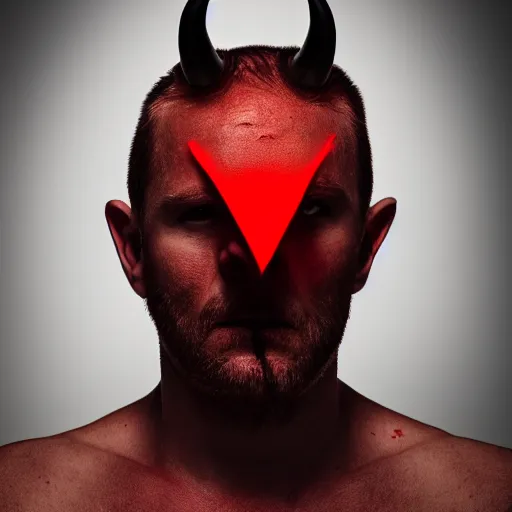 Prompt: a man with horns growing from his head. a black dot. red eyes and sharp teeth. portrait photography, studio lighting, cinematic, chilling 4 k