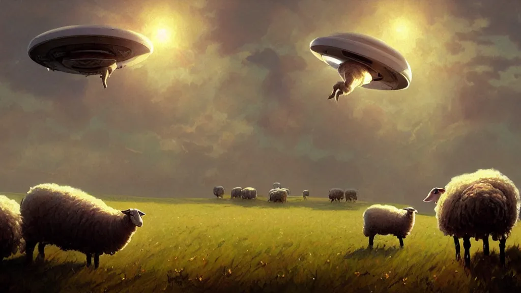 Prompt: sheep in a field being abducted by a ufo!, horror cartoon, highly detailed, digital painting, artstation, concept art, smooth, sharp focus, illustration, art by simon bisley and greg rutkowski and alphonse mucha