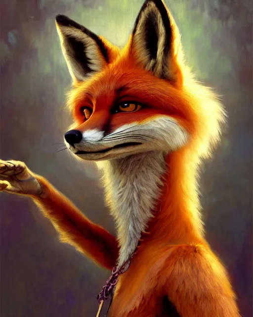 Image similar to oil painting of anthromorphic female fox, zootopia, fursona, furaffinity, 4 k, deviantart, furry art, wolf fursona, very expressive detailed feminine face, gaston bussiere, craig mullins, jc leyendecker, gustav klimt, artgerm, greg rutkowski, alphonse mucha