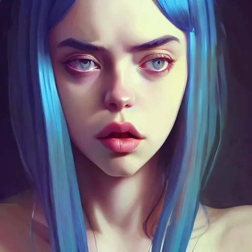 Image similar to a beautiful billie eilish kat dennings alluring instagram model in elaborate latex tank top, by guweiz and wlop and ilya kuvshinov and artgerm and makoto shinkai and studio ghibli, symmetrical eyes, aesthetic, gorgeous, stunning, alluring, attractive, artstation, deviantart, pinterest, digital art