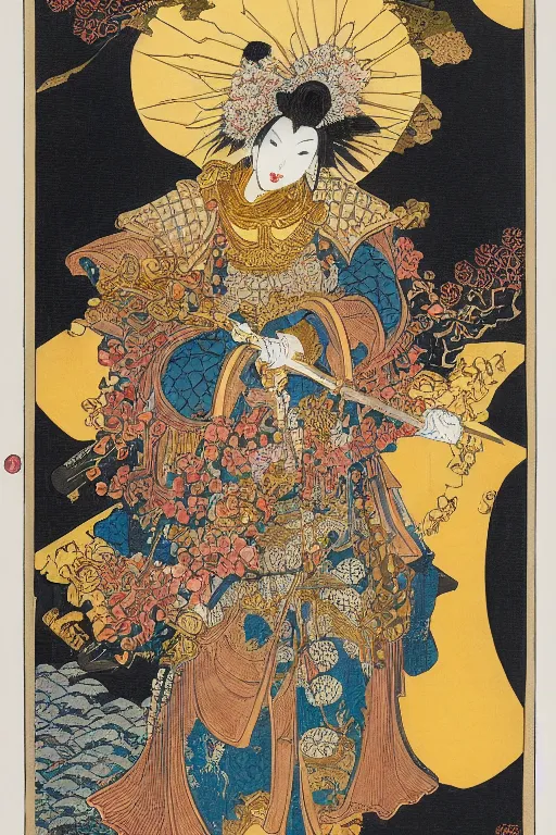 Prompt: hyperdetailed matte illustration of a knight wearing an ornate gold headpiece and holding a flower with a map of the collective subconscious in the background by hokusai