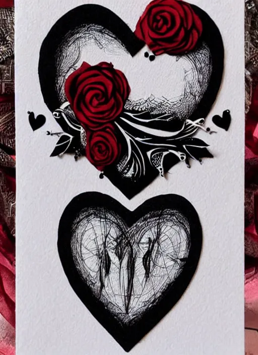 Image similar to goth valentine's day card design, romantic, intricate, hot topic, black bleeding stylized heart