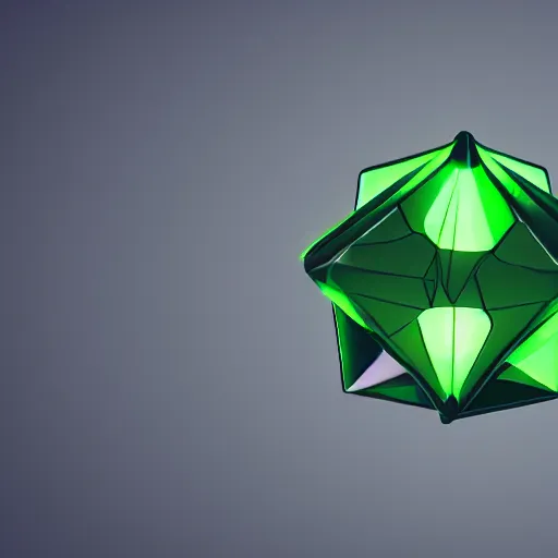 Prompt: a floating green octahedron made of thick glass, green particles floating around it, white bg, unreal engine, concept art