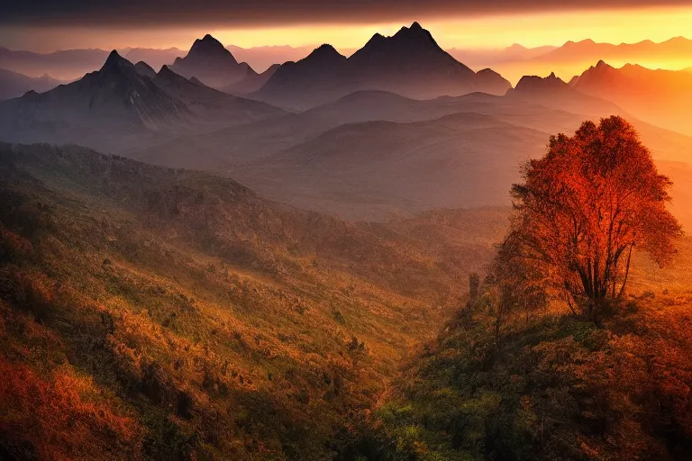 Prompt: A beautiful landscape photography of Ciucas mountains mountains, a dead intricate tree in the foreground, sunset, dramatic lighting by Marc Adamus,