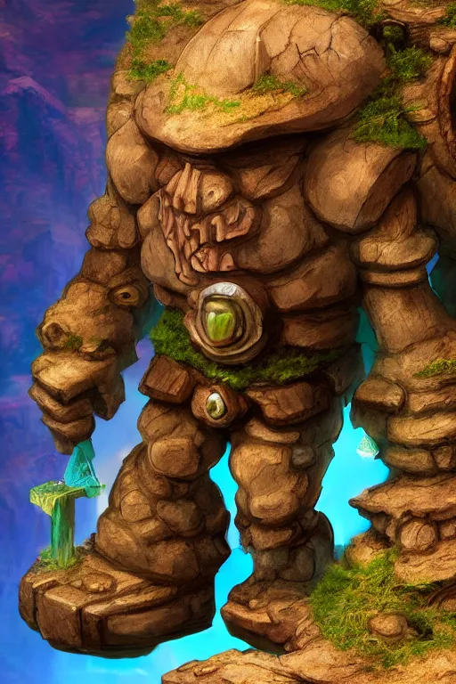 Image similar to zelda fantasy art giant golem troll wood rock greeble gemstone, global illumination ray tracing hdr fanart arstation by sung choi and eric pfeiffer and gabriel garza and casper konefal