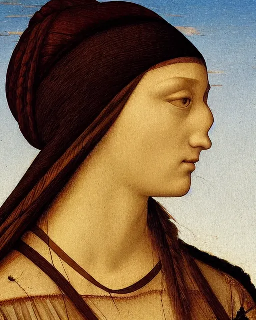 Image similar to a close up of a painting of a woman, a detailed painting by pietro perugino, behance, renaissance, da vinci, pre - raphaelite, detailed painting