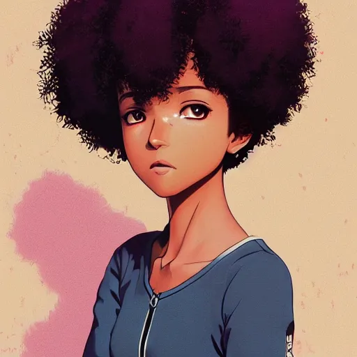 Image similar to a comic portrait of a teenager light - skin girl, afro hair, fine - face, realistic shaded perfect face, fine details, day setting. very anime style. realistic shaded lighting poster by ilya kuvshinov katsuhiro, magali villeneuve, artgerm, jeremy lipkin and michael garmash, rob rey and kentaro miura style, trending on art station