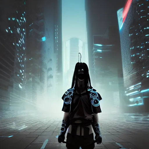 Image similar to cyberpunk samurai in a dytopian future, ultra realistic, fog