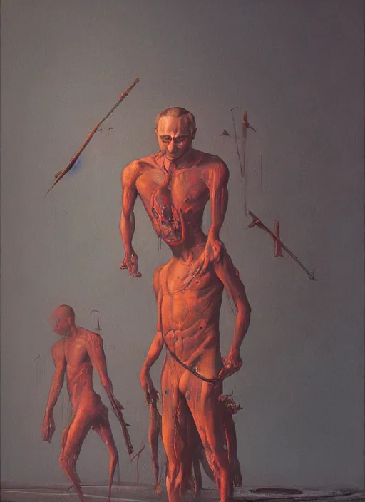 Image similar to Painting in a style of Beksinski featuring Vladimir Putin. Suffering and pain