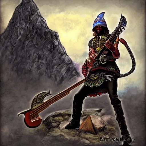 Image similar to jimi hendrix is a guard in skyrim protecting whiterun from a dragon by keith thompson