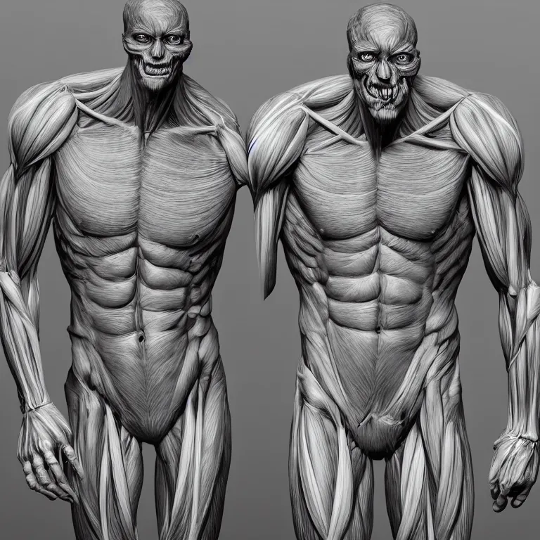 Image similar to monster with gleaming eyes, anatomically accurate model of the full human muscular system, full body, intricate parts, fine details, hyper - realistic