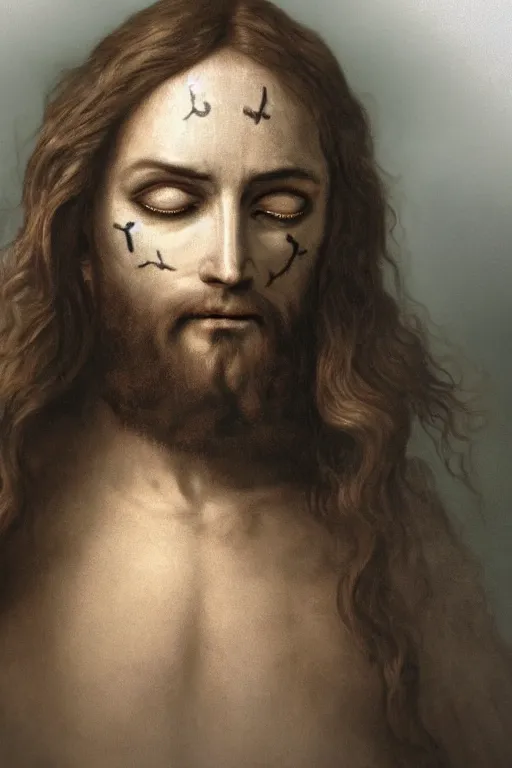 Image similar to jesus christ wearing a blinfold, peeking over blinfold with one eye, staring