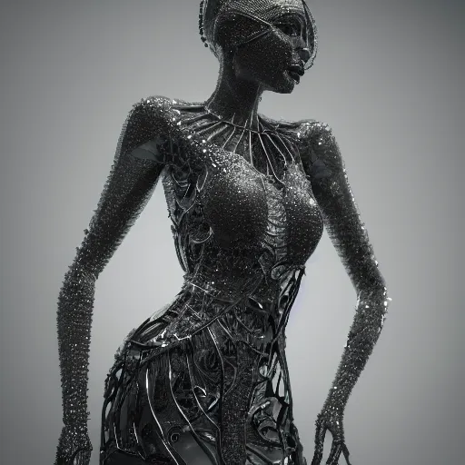 Prompt: full body detailed, ethereal chrome dress, biomechanical, covered in diamonds and other gems glowing, highly detailed face, elegant posed, intricate, extremy detailed, beeple, cgsociety, 3 d unreal engine octane render. cinematic lighting, highly detailed 4 k art