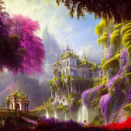 Prompt: a beautiful and highly detailed matte painting of a beautiful palace in a magical fantasy forest garden, colorful flowers, psychedelic style, epic scale, insanely complex, hyperdetailed, sharp focus, hyperrealism, artstation, cgsociety, 8 k, bright colors, by caspar friedrich, albert bierstadt, james gurney, brian froud,